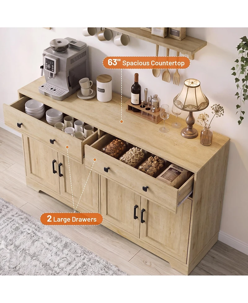 homfan 2 Drawer 4 Door Sideboard Buffet Cabinet, Wood Storage Credenza with Handles, Farmhouse Accent Cabinet for Kitchen, Living Room
