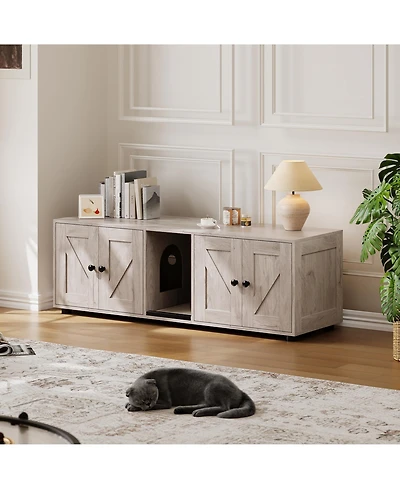 homfan Dual Cat Litter Box Cabinet – Modern Hidden Double Enclosure with Tv Stand and Storage Shelf, Easy-Clean Corridor Design for Multiple Cats