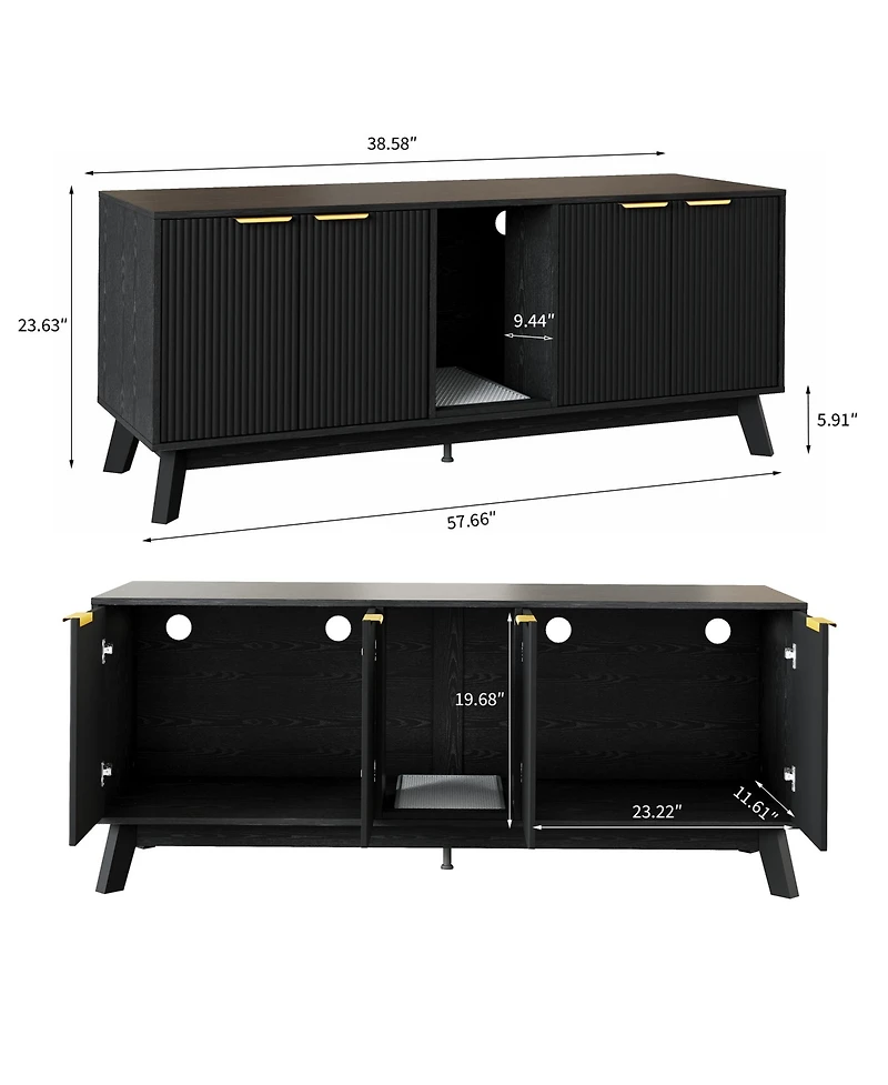 homfan Wooden Cat Litter Box Enclosure – 59" Dual-Room Hidden Furniture with Mat, Indoor Pet House, Tv Stand Side Table, for 2 Cats