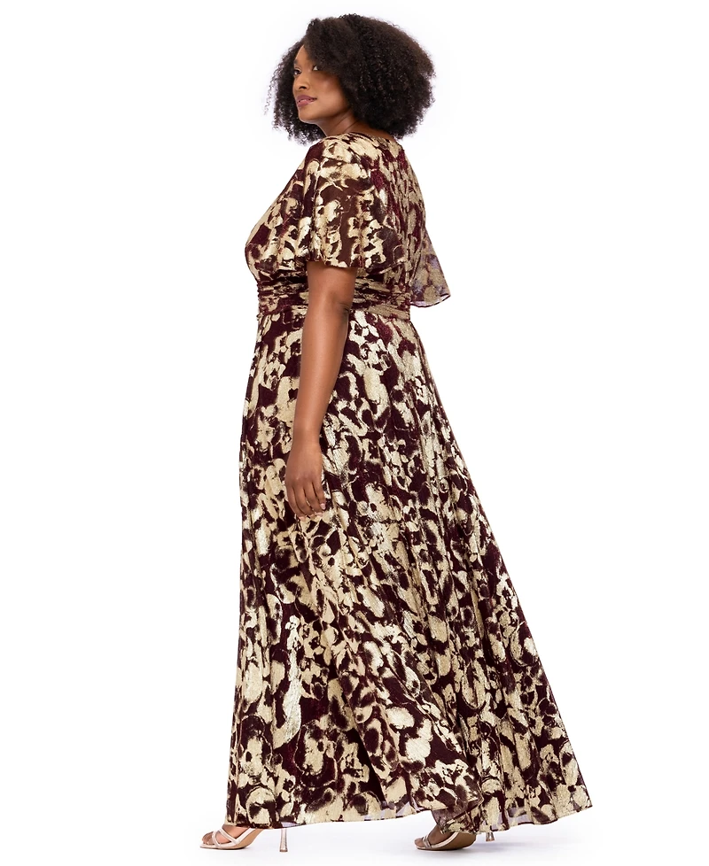 Betsy & Adam Plus Foil Fabric V-Neck Short-Sleeve Gown