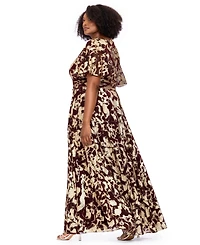 Betsy & Adam Plus Foil Fabric V-Neck Short-Sleeve Gown