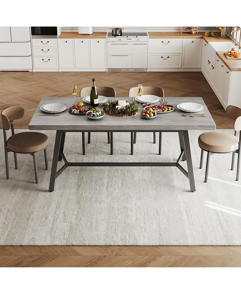 homfan Rectangular Wood Dining Table - 71" Modern Rustic Farmhouse Table with Curved Anti-Collision Edge and Recessed Footrest, Seats 6-8