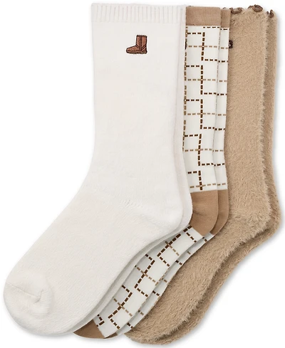 Ugg Classic Crew Embroidered, Plaid & Fuzzy Ruffle-Edge Sock Set, 3-Piece