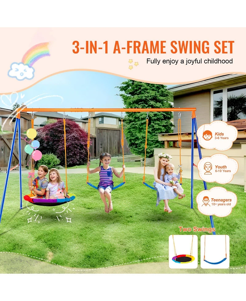 Vevor Swing Sets for Backyard 1 Saucer 2 Belt Swing Seats A-Frame Metal Stand