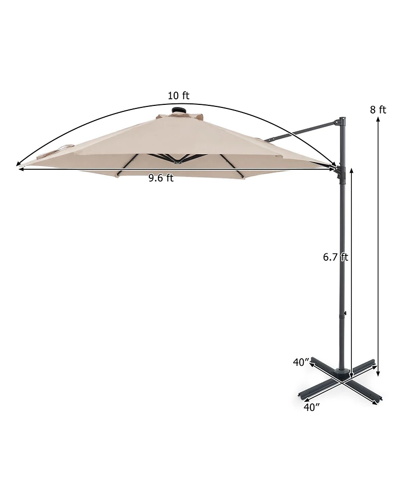 Costway 10 Feet Patio Cantilever Umbrella Large Offset Hanging With Solar Led Lights