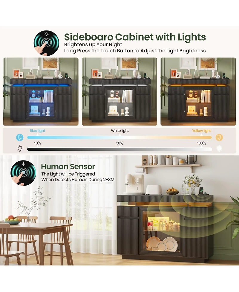 Vlsrka 47.24" Modern Sideboard Cabinet with Led Lights, Glass Doors and Usb Charging