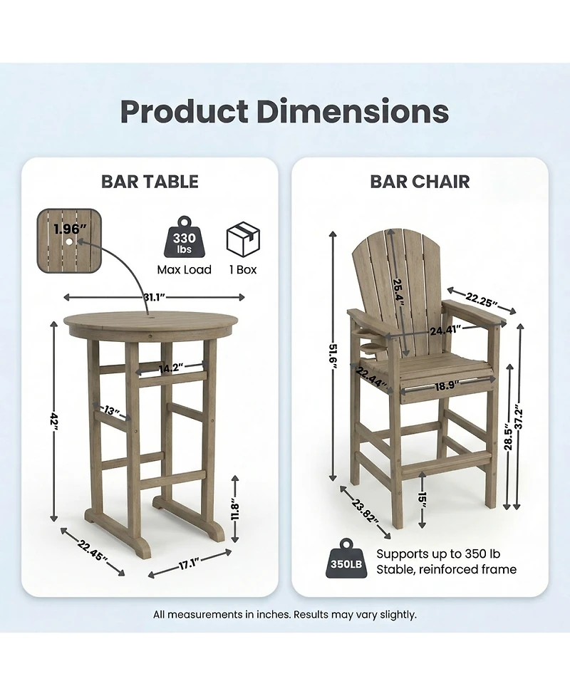 Streamdale 3-Piece Antique Wood Hdpe Indoor/Outdoor Bar Height Bistro Set