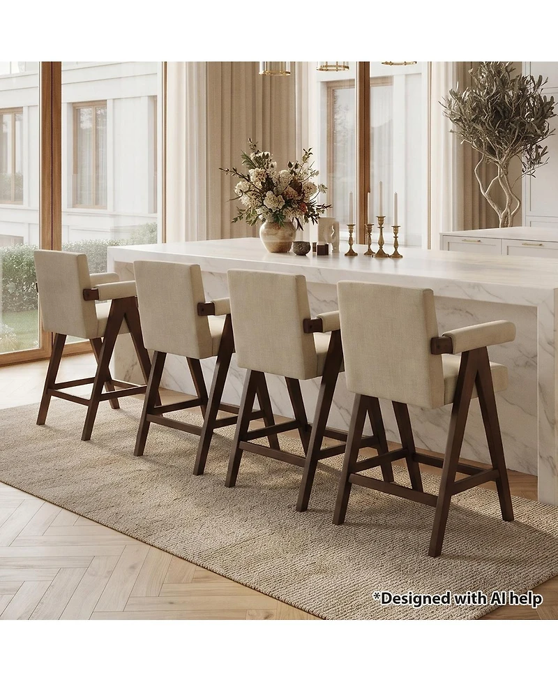 Maison Boucle Set of 4 Mid-Century Modern Counter Height Bar Stool with Arms, Solid Wood Frame, Upholstered Full Back, Footrest