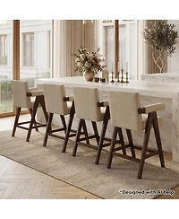 Maison Boucle Set of 4 Mid-Century Modern Counter Height Bar Stool with Arms, Solid Wood Frame, Upholstered Full Back, Footrest