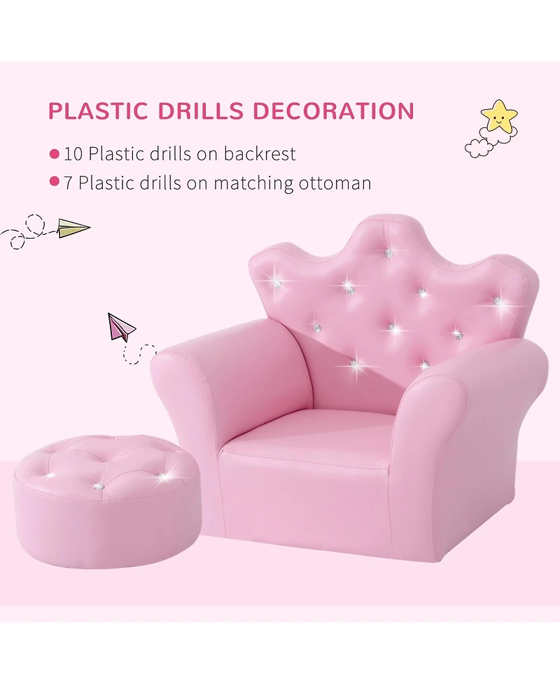 Qaba Kids Sofa Set, Children's Upholstered Sofa with Footstool, Princess Sofa with Diamond Decorations, Baby Sofa Chair for Toddlers, Girls, Pink