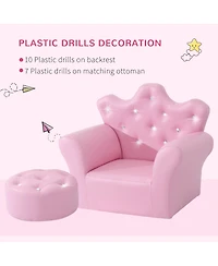 Qaba Kids Sofa Set, Children's Upholstered Sofa with Footstool, Princess Sofa with Diamond Decorations, Baby Sofa Chair for Toddlers, Girls, Pink