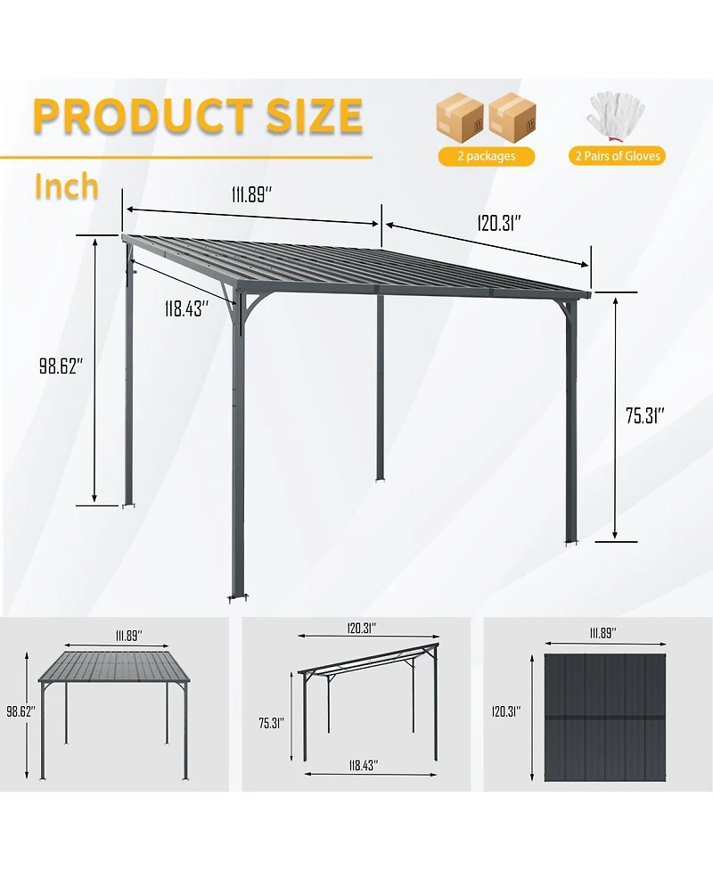 Streamdale Furniture 10' x 10' Galvanized Steel Hardtop Wall-Mounted Pergola Gazebo