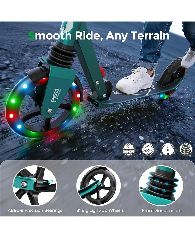 Fed Fitness KS1 Foldable Kick Scooter with Led Light, 6+ Ages, 4 Adjustable Heights, 240 Lbs Max Load, Abec 9 Bearings