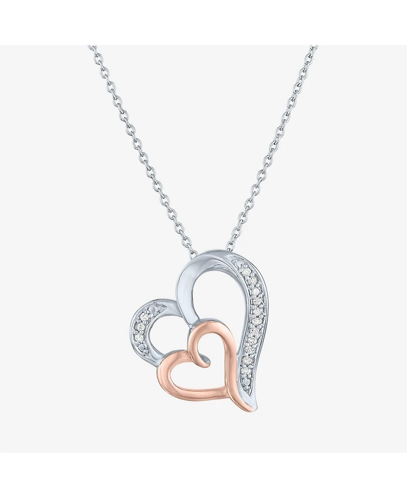 Diamond Double Heart Pendant Necklace in Sterling Silver and 14k Rose Gold (1/10 ct. t.w.)