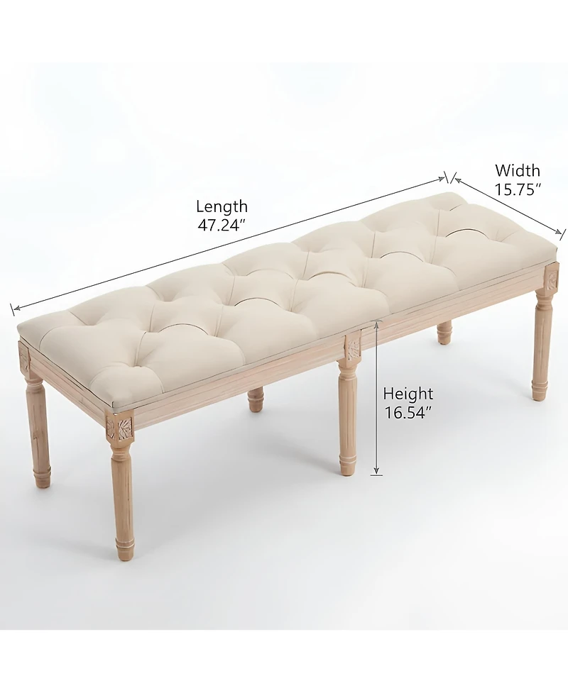 Maison Boucle French Country Tufted Bedroom Bench, 47.2" Cream Linen Upholstered End of Bed Bench, Solid Wood Carved Legs, Entryway Shoe Bench Seat