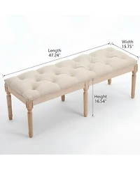 Maison Boucle French Country Tufted Bedroom Bench, 47.2" Cream Linen Upholstered End of Bed Bench, Solid Wood Carved Legs, Entryway Shoe Bench Seat