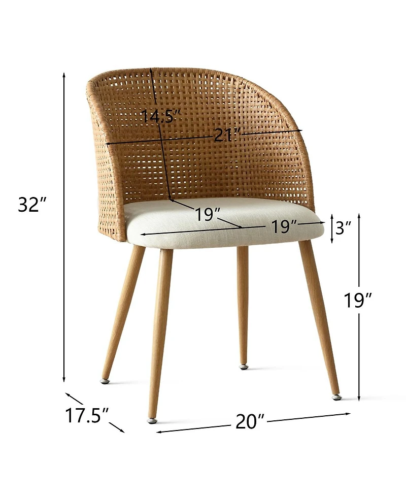Maison Boucle Set of 2 Rattan Back Dining Chairs, Woven Cane Accent Chairs with Upholstered Seat for Kitchen