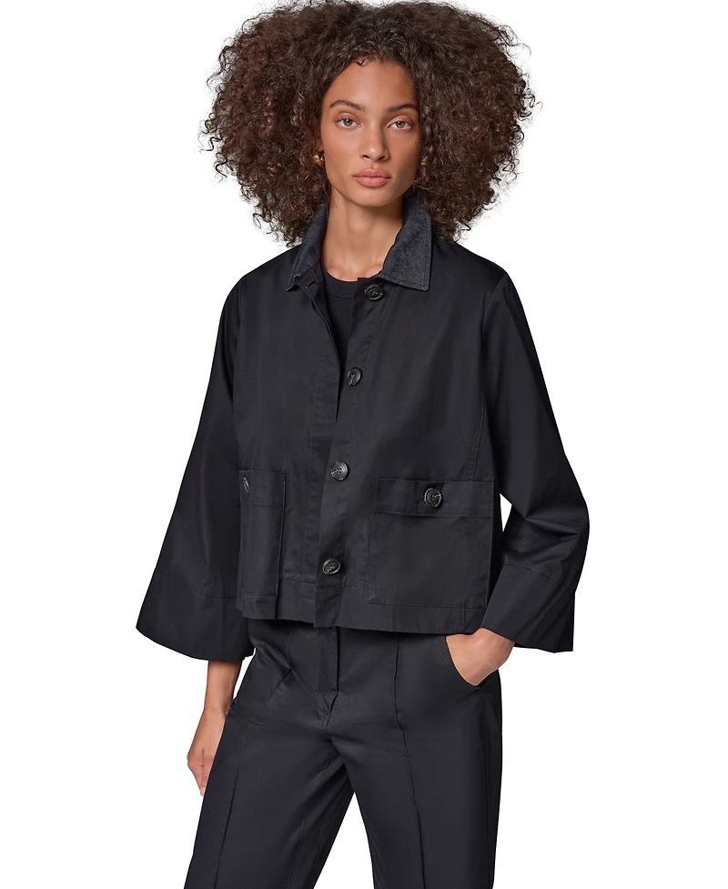 Donna Karan Weekend Women's Twill Bell-Sleeve Trapeze with Denim Collar Jacket