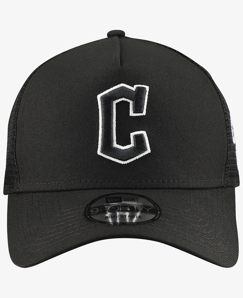 New Era Men's Black Cleveland Guardians Side Script 9FORTY A-Frame Trucker Adjustable Hat