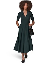 Donna Karan Weekend Women's V-Neck A-Line Midi Dress with Pockets