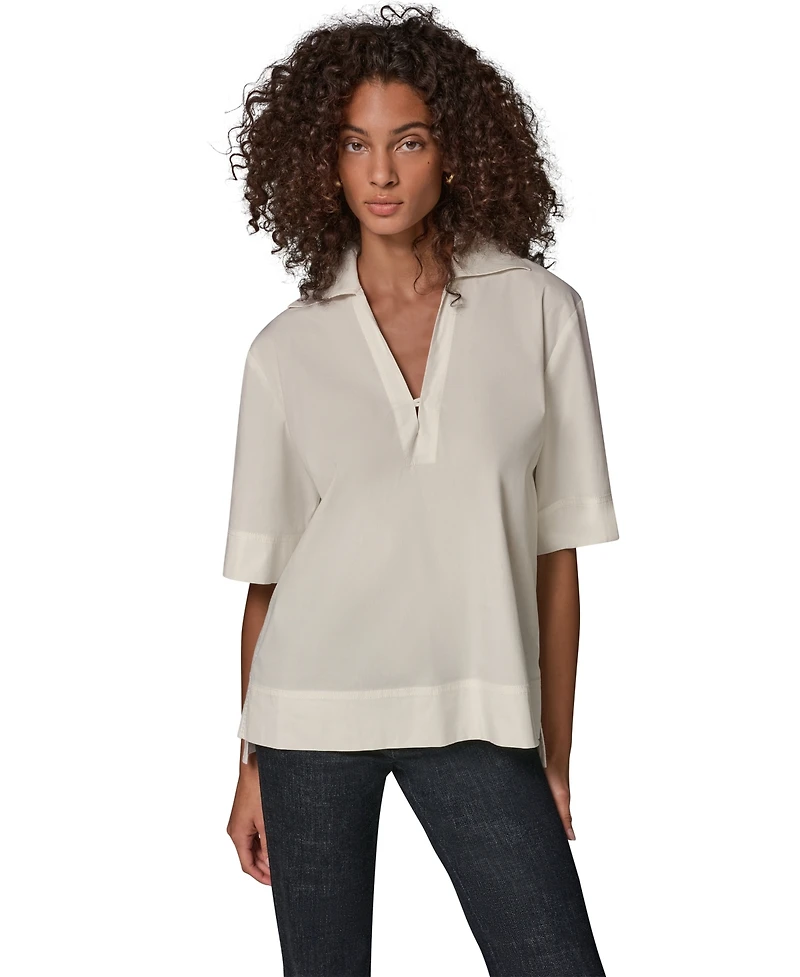 Donna Karan Weekend Women's Poplin V-Neck Collared Top