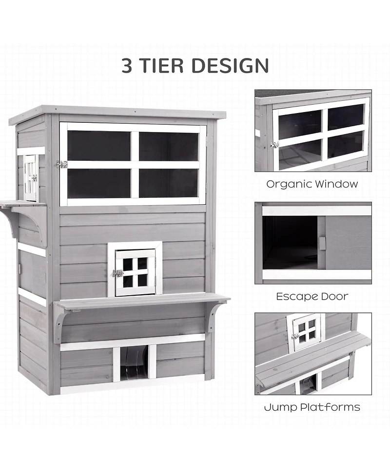 Ruie Outdoor Cat House 3-Tier Kitty Shelter with 5 Escape Doors