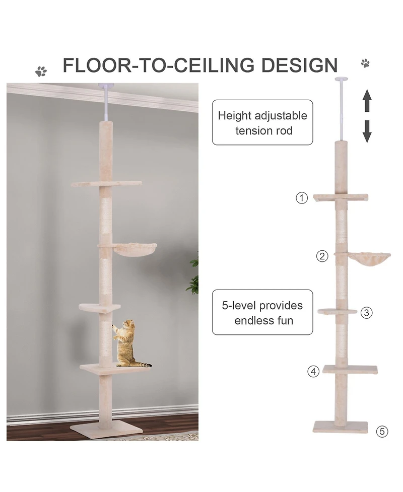 Ruie 102 Inch Adjustable Floor to Ceiling Cat Tree 5-Level Tower with Hammock