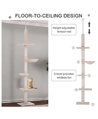 Ruie 102 Inch Adjustable Floor to Ceiling Cat Tree 5-Level Tower with Hammock