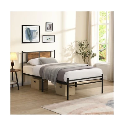 Lucky One Twin Xl Size Metal Bed Frame with Wood Panel Headboard, Steel Structure, No Box Spring Needed, Under-Bed Storage