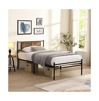 Lucky One Twin Xl Size Metal Bed Frame with Wood Panel Headboard, Steel Structure, No Box Spring Needed, Under-Bed Storage