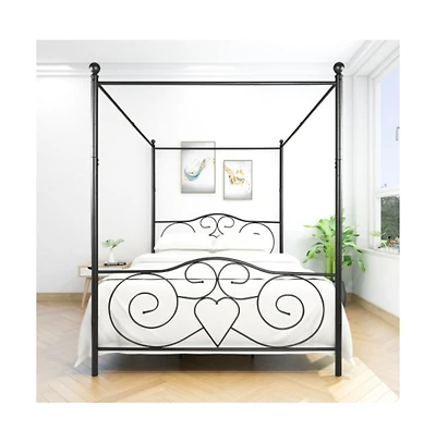 Lucky One Queen Size Metal Canopy Bed Frame with Vintage Headboard and Footboard, Steel Slats, No Box Spring Needed, Under-Bed Storage