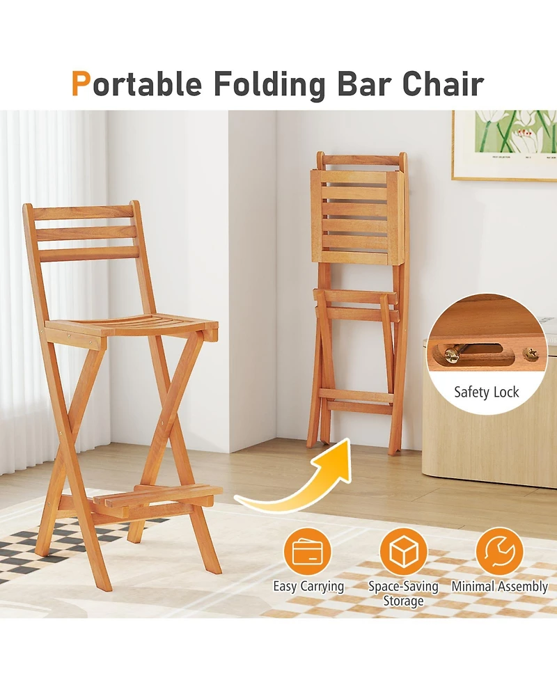 Sugift Folding Acacia Wood Bar Height Chair with Slatted Backrest and Footrest