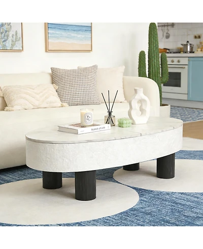 Clihome Oval Faux Marble Coffee Table with Hidden Drawer, Modern Retro End Table with Storage