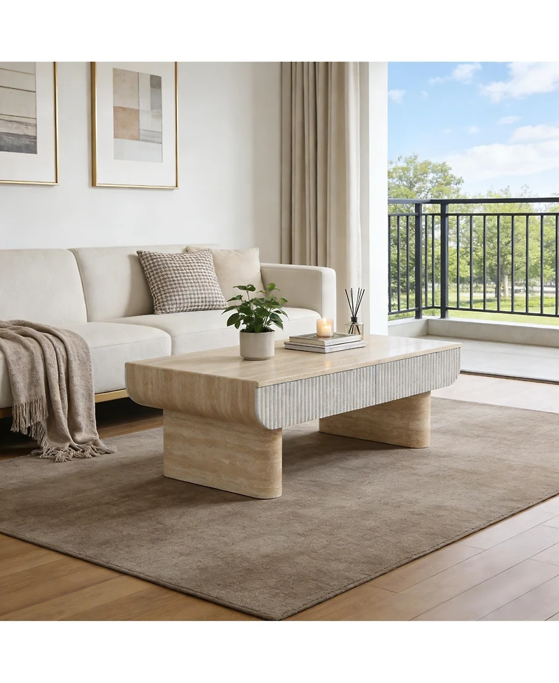 Clihome Mid-Century Coffee Table, Faux Marble Top Rectangular Cocktail Table with Drawer