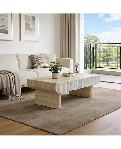 Clihome Mid-Century Coffee Table, Faux Marble Top Rectangular Cocktail Table with Drawer