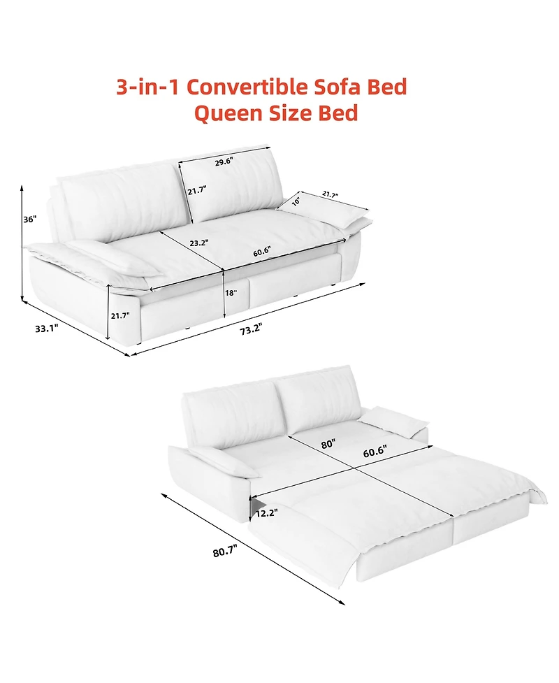 Clihome 73.2" 3-Seater Velvet Sleeper Sofa Bed, 3-in-1 Convertible Pull-Out Couch