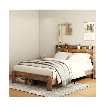 Lucky One Queen Size Wood Platform Bed Frame with Storage Led Headboard, Usb Ports, Wood Slats, No Box Spring Needed, Under-Bed Storage