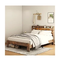 Lucky One Queen Size Wood Platform Bed Frame with Storage Led Headboard, Usb Ports, Wood Slats, No Box Spring Needed, Under-Bed Storage