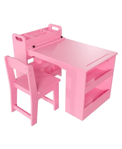 homfan Multi Functional Kids Art Table and 2 Chairs Set, Wooden Craft Desk with Large Storage Shelves for Drawing, Learning Activities