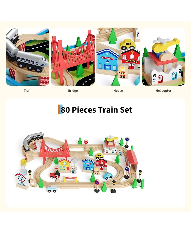 homfan Train and City 2 in 1 Reversible 80-Piece Wooden Activity Table, Ages 3+