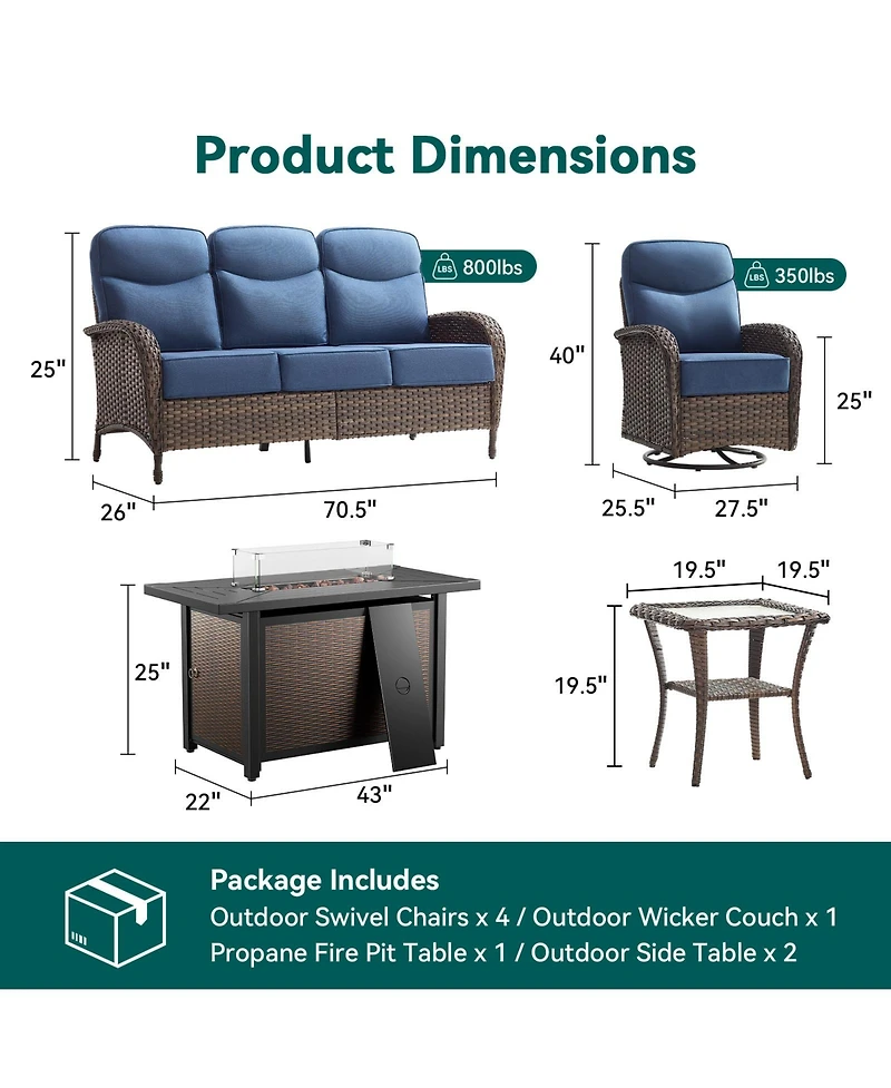 Pocassy 8 Piece Outdoor Furniture Set with 6-inch Cushions, Wicker Conversation Swivel Rocker Chairs and Ottomans, High Back