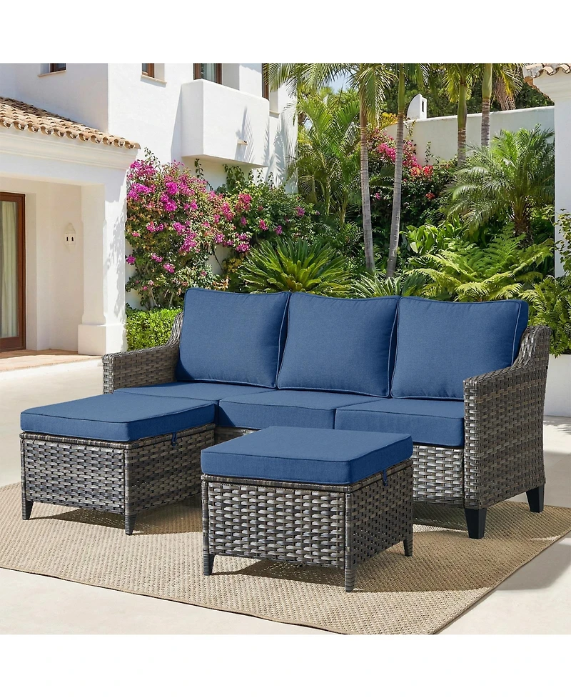 Pocassy 3 Pieces Patio Furniture Set All-Weather Outdoor Wicker Sofa Couch Patio Furniture with Cushion and Wicker Ottomans