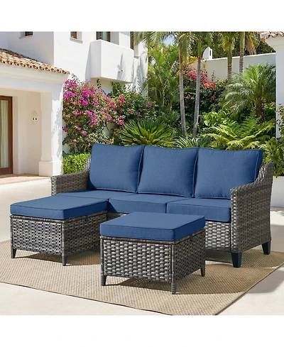 Pocassy 3 Pieces Patio Furniture Set All-Weather Outdoor Wicker Sofa Couch Patio Furniture with Cushion and Wicker Ottomans