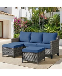 Pocassy 3 Pieces Patio Furniture Set All-Weather Outdoor Wicker Sofa Couch Patio Furniture with Cushion and Wicker Ottomans