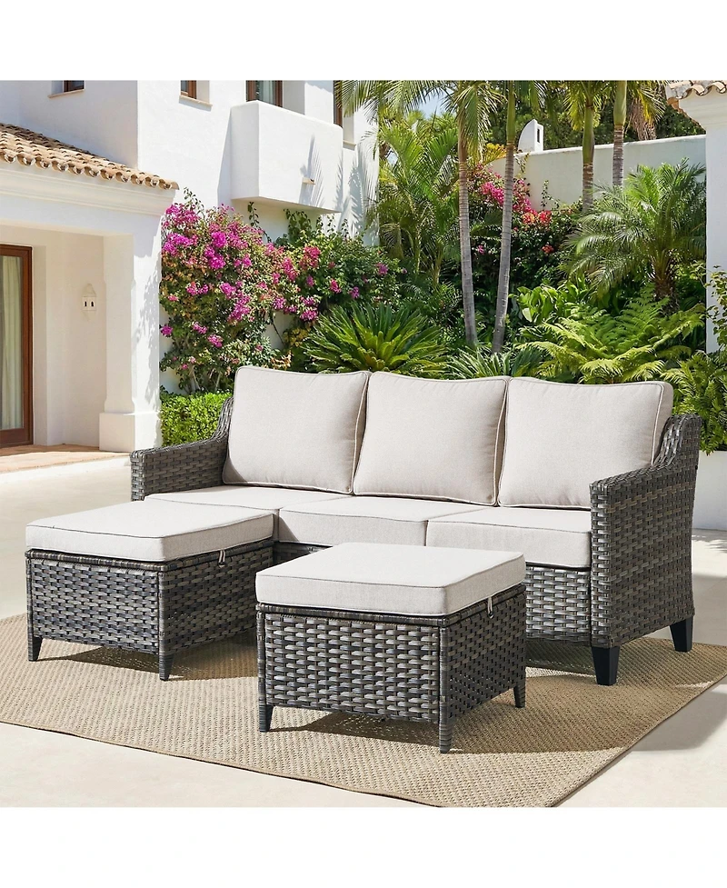 Pocassy 3 Pieces Patio Furniture Set All-Weather Outdoor Wicker Sofa Couch with Cushion and Ottomans
