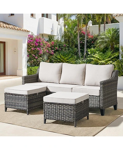 Pocassy 3 Pieces Patio Furniture Set All-Weather Outdoor Wicker Sofa Couch with Cushion and Ottomans