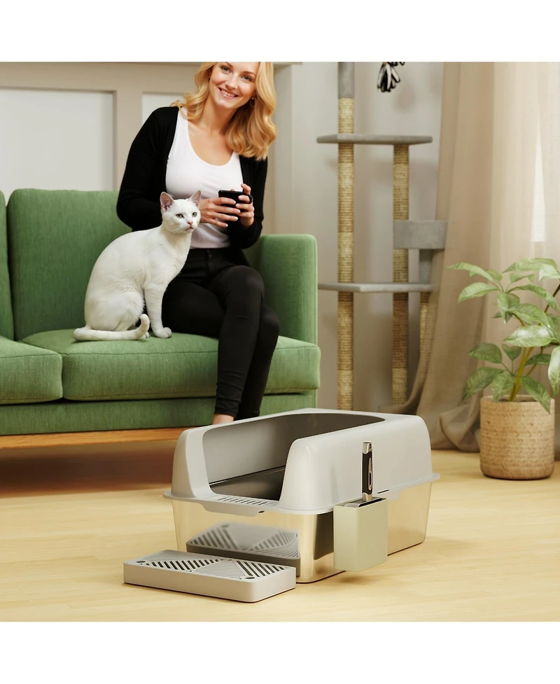 Ruie High Sided Stainless Steel Litter Box with Metal Scoop and Scoop Holder