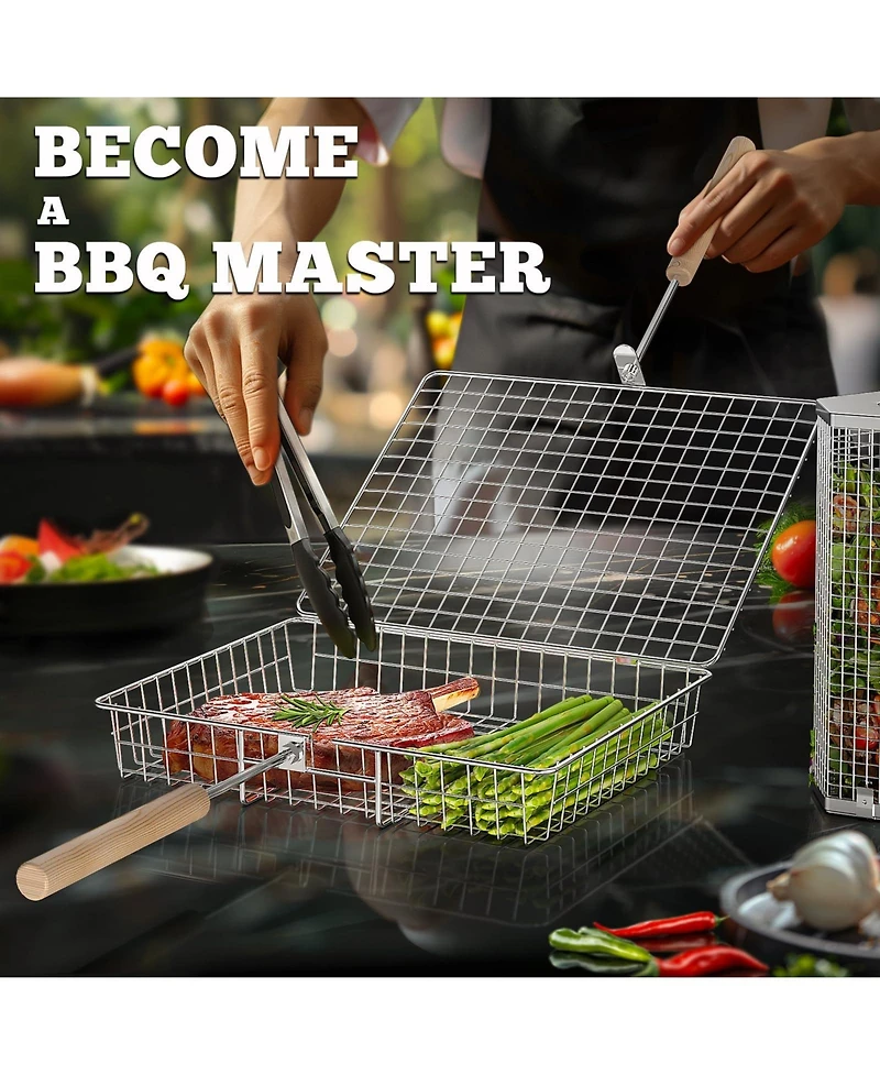 Xdovet Grill Basket Removable Wooden Handle Stainless Steel Bbq Tool