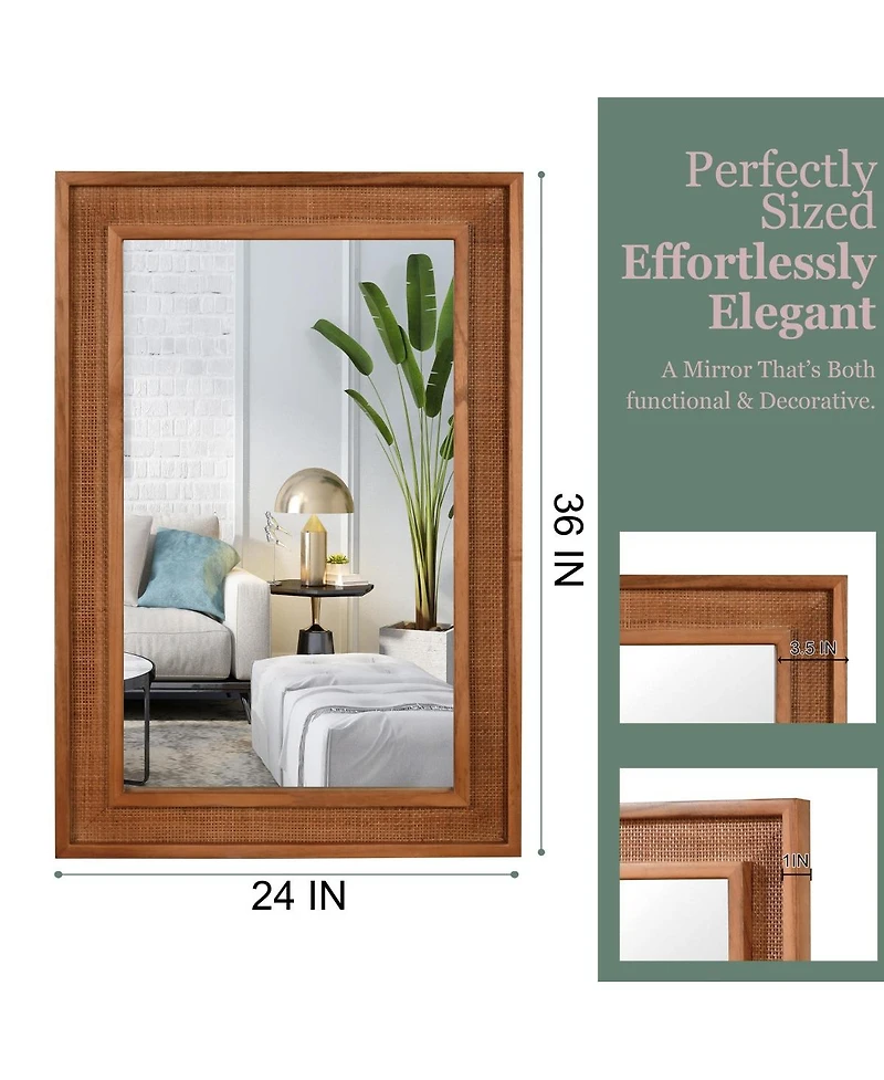 Laoties 24" x 36" Rattan Wall Mirror, Farmhouse Bathroom Vanity Mirror with Wood Frame for Entryway and Bedroom