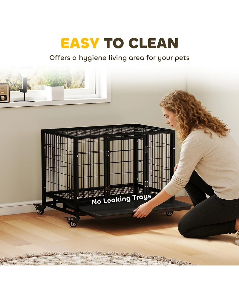 Ruie 36 Inch Heavy Duty Dog Crate with Double Doors Removable Tray and Rolling Casters